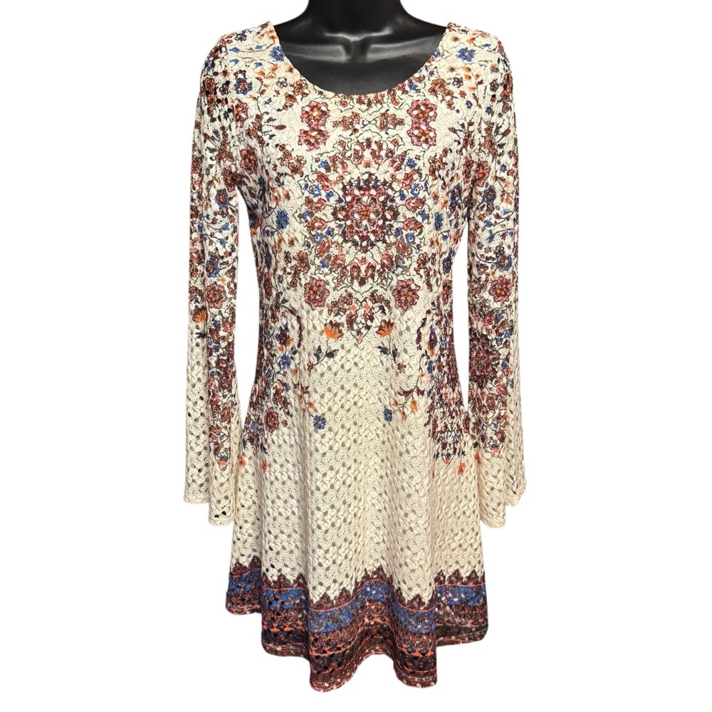 Xhilaration Boho Lace Floral Long Sleeve Dress Womens XS Open Back Tie - Picture 2 of 6
